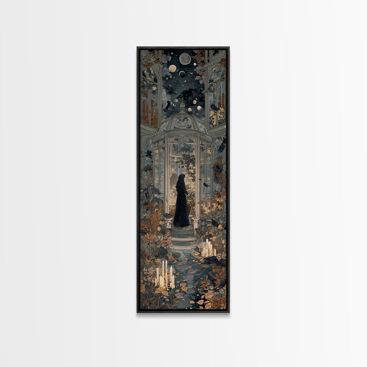 The Witch Queen Greenhouse - Surreal Celestial Vision, Spooky Wall Decor, Tall Narrow Wall Art, Framed Canvas Print, Halloween Home Decor