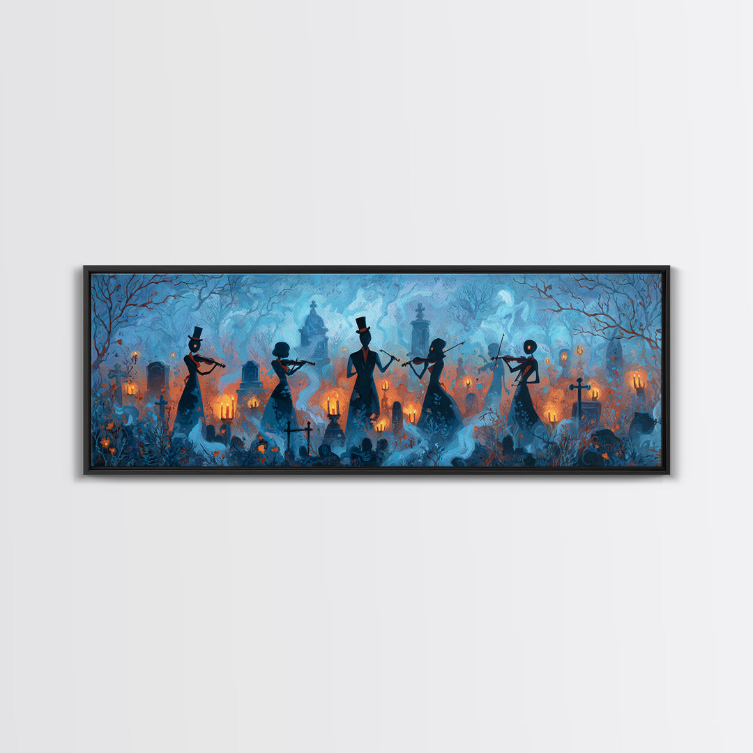 The Ghostly Violin Procession - Icon Portrait, Macabre Halloween Art, Extra Wide Wall Art, Framed Canvas Print, Halloween Home Decor