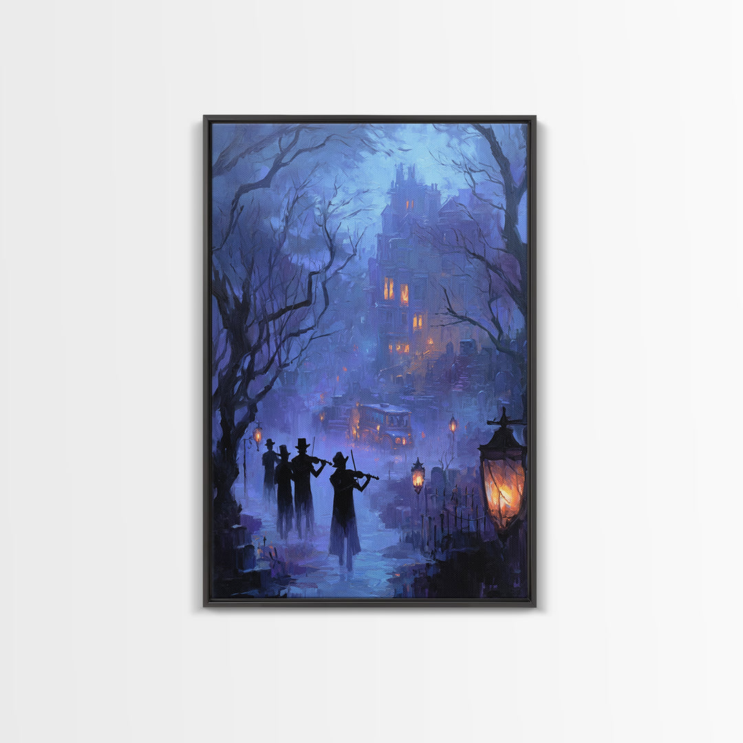 The Ghostly Violin Procession - Environmental Panorama, Spooky Wall Decor, Vertical Wall Art, Framed Canvas Print, Halloween Home Decor