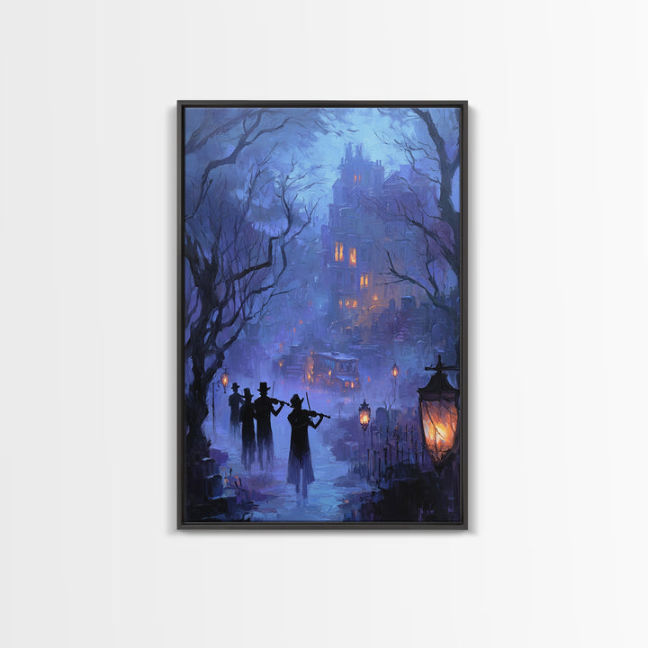 The Ghostly Violin Procession - Environmental Panorama, Spooky Wall Decor, Vertical Wall Art, Framed Canvas Print, Halloween Home Decor