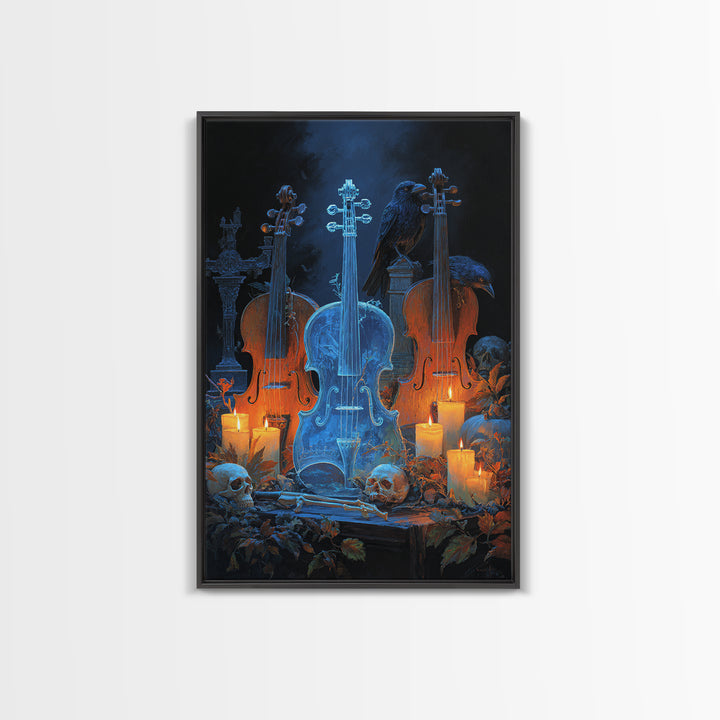 The Ghostly Violin Procession - Occult Still Life, Halloween Wall Art, Vertical Wall Art, Framed Canvas Print, Halloween Home Decor