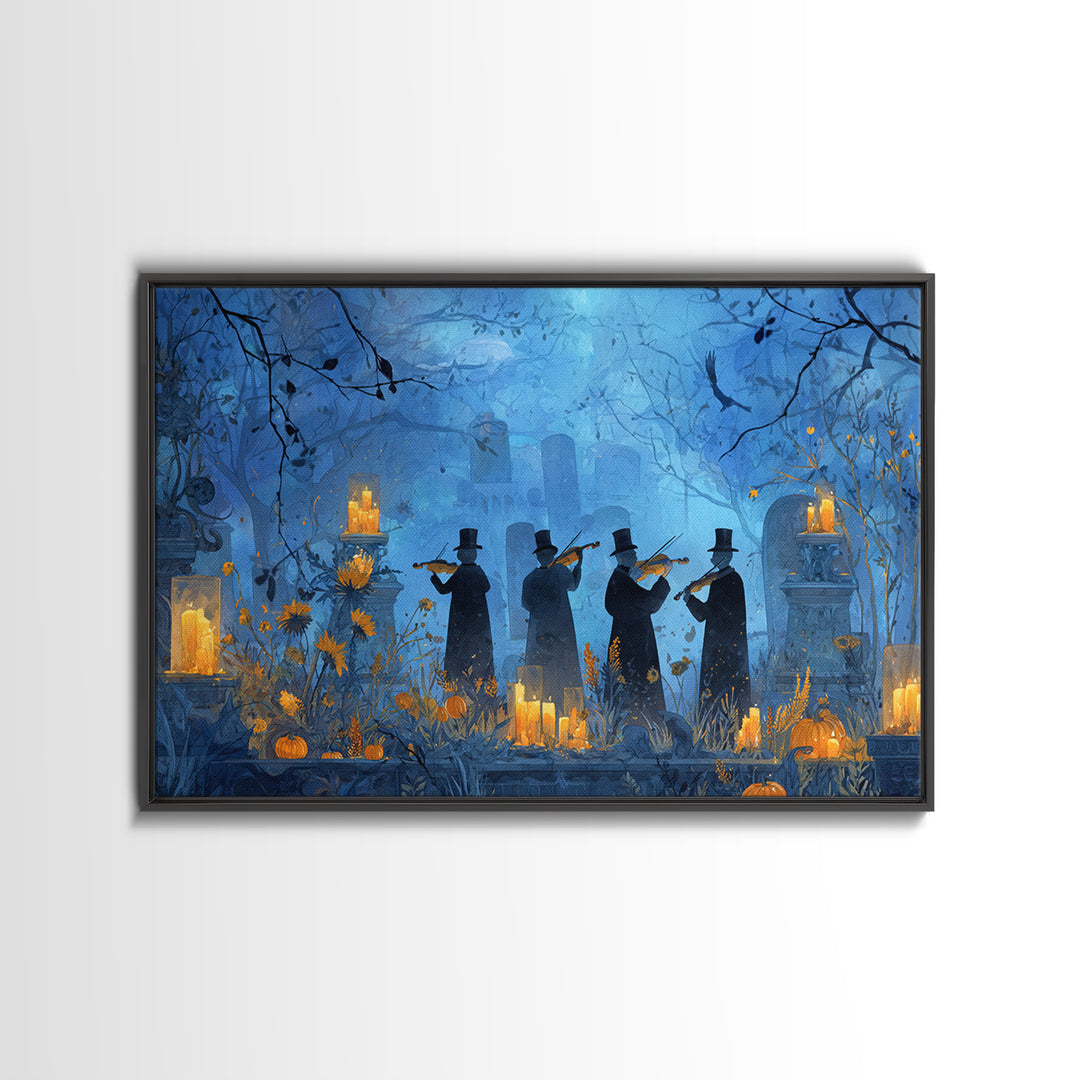 The Ghostly Violin Procession - Occult Still Life, Spooky Wall Decor, Landscape Wall Art, Framed Canvas Print, Halloween Home Decor