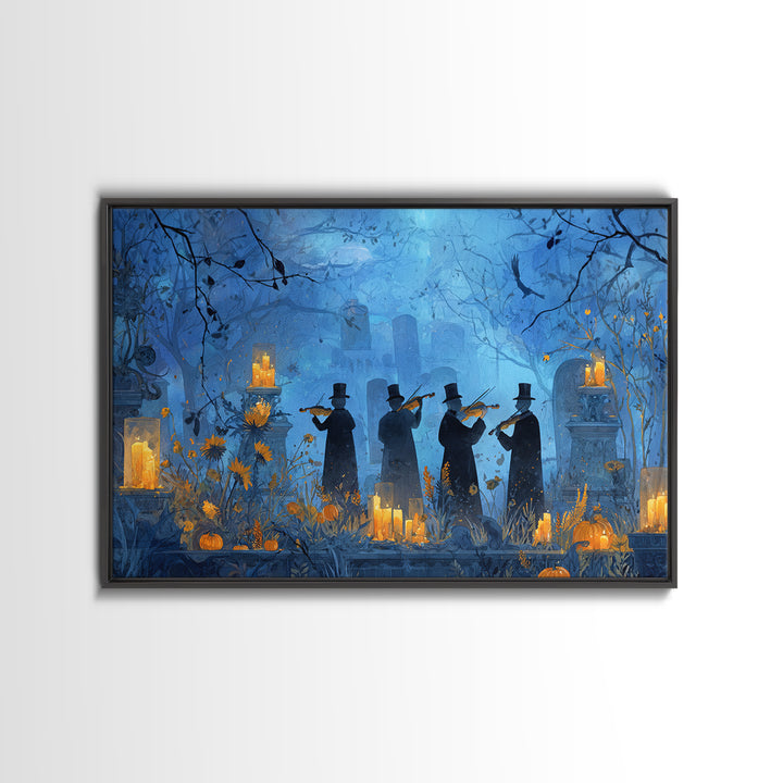 The Ghostly Violin Procession - Occult Still Life, Spooky Wall Decor, Landscape Wall Art, Framed Canvas Print, Halloween Home Decor