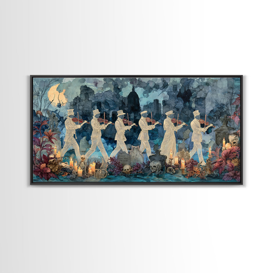 The Ghostly Violin Procession - Occult Still Life, Spooky Wall Decor, Wide Panoramic Art, Framed Canvas Print, Halloween Home Decor