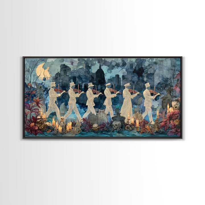 The Ghostly Violin Procession - Occult Still Life, Spooky Wall Decor, Wide Panoramic Art, Framed Canvas Print, Halloween Home Decor