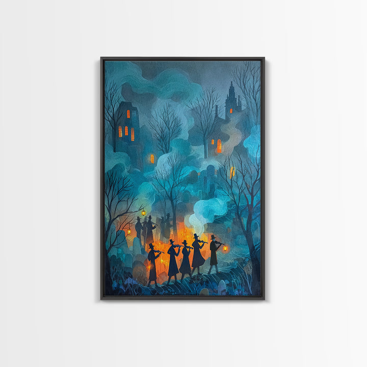The Ghostly Violin Procession - Procession Scene, Macabre Halloween Art, Vertical Wall Art, Framed Canvas Print, Halloween Home Decor