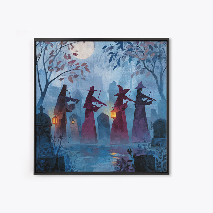 The Ghostly Violin Procession - Procession Scene, Macabre Halloween Art, Square Wall Art, Framed Canvas Print, Halloween Home Decor