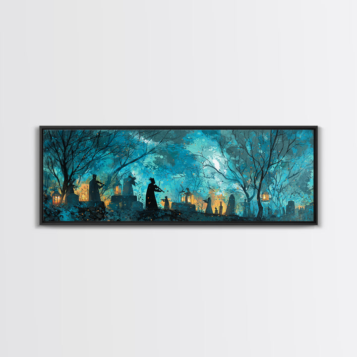 The Ghostly Violin Procession - Procession Scene, Spooky Wall Decor, Extra Wide Wall Art, Framed Canvas Print, Halloween Home Decor