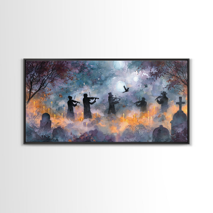 The Ghostly Violin Procession - Surreal Celestial Vision, Gothic Home Decor, Wide Panoramic Art, Canvas Print, Halloween Home Decor