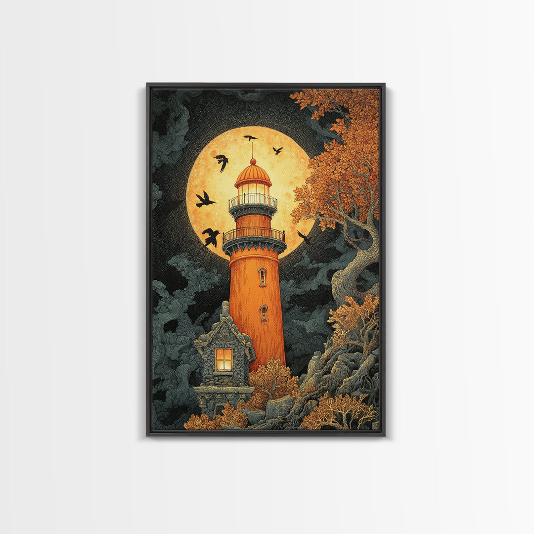 The Pumpkin Moon Lighthouse - Icon Portrait, Gothic Home Decor, Vertical Wall Art, Canvas Print, Halloween Home Decor, Gothic Wall Art