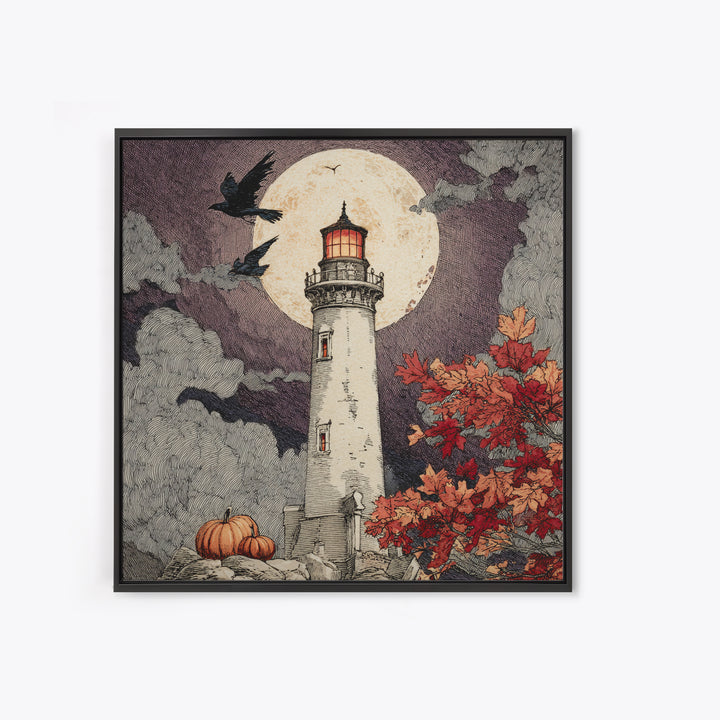 The Pumpkin Moon Lighthouse - Icon Portrait, Occult Wall Decor, Square Wall Art, Canvas Print, Halloween Home Decor, Gothic Wall Art