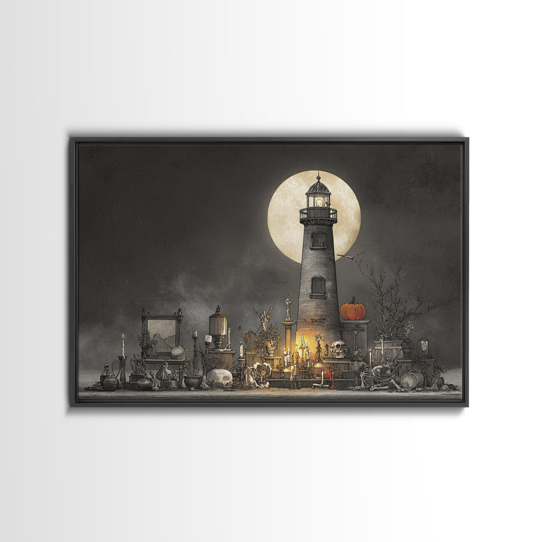 The Pumpkin Moon Lighthouse - Occult Still Life, Occult Wall Decor, Landscape Wall Art, Canvas Print, Halloween Home Decor, Gothic Wall Art