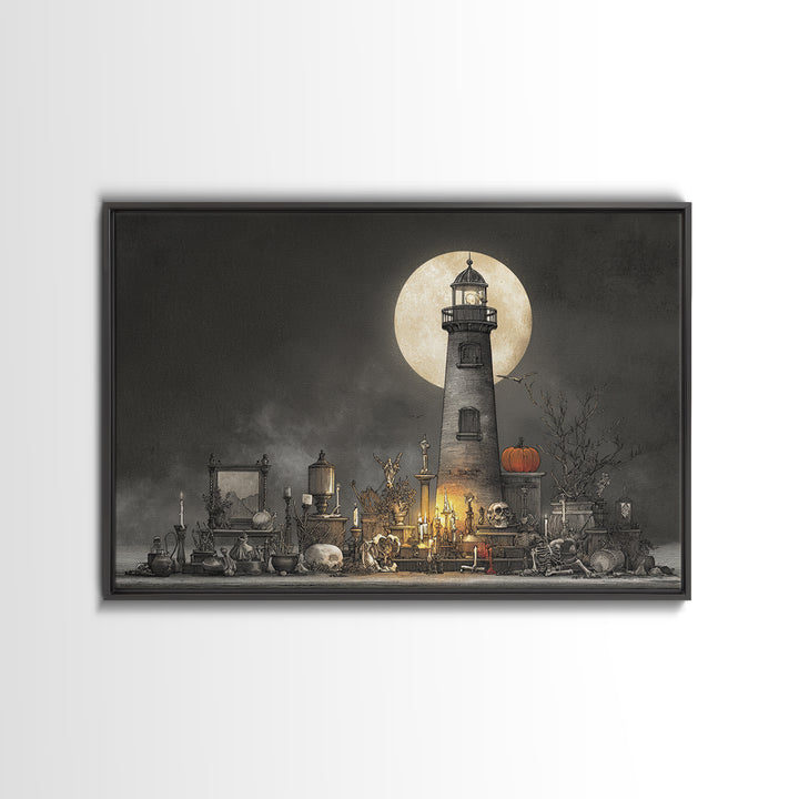 The Pumpkin Moon Lighthouse - Occult Still Life, Occult Wall Decor, Landscape Wall Art, Canvas Print, Halloween Home Decor, Gothic Wall Art