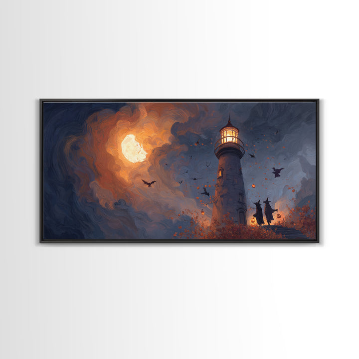 The Pumpkin Moon Lighthouse - Procession Scene, Occult Wall Decor, Wide Panoramic Art, Canvas Print, Halloween Home Decor, Gothic Wall Art