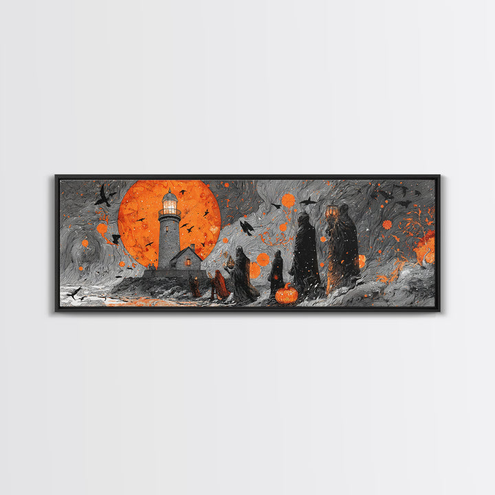 The Pumpkin Moon Lighthouse - Procession Scene, Spooky Wall Decor, Extra Wide Wall Art, Framed Canvas Print, Halloween Home Decor