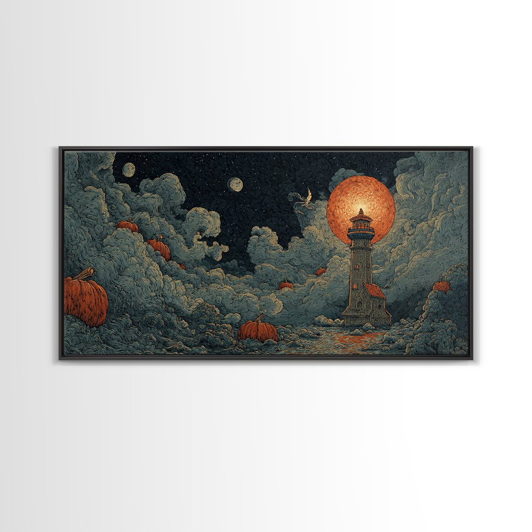 The Pumpkin Moon Lighthouse - Surreal Celestial Vision, Dark Fantasy Wall Art, Wide Panoramic Art, Canvas Print, Halloween Home Decor