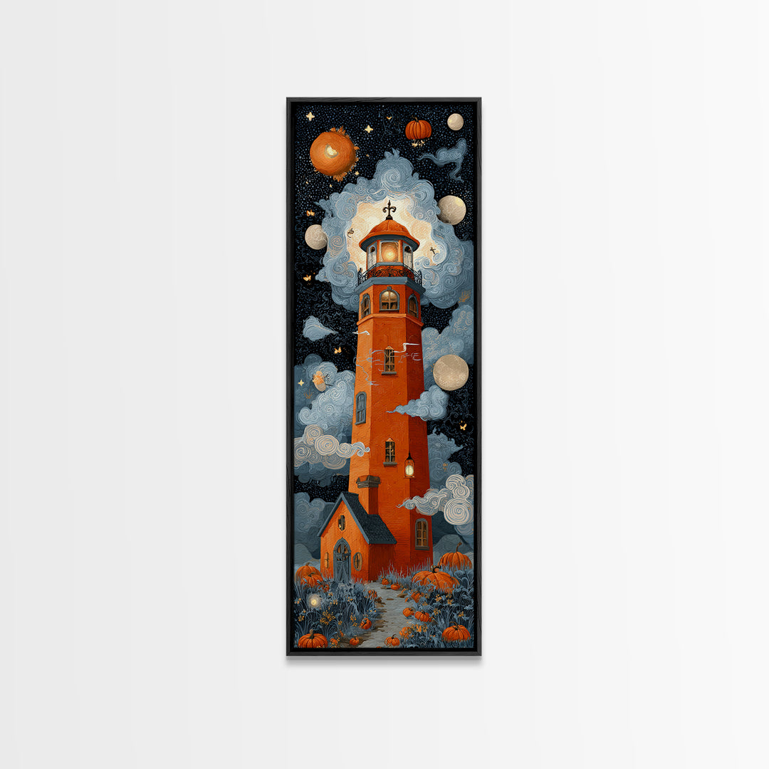 The Pumpkin Moon Lighthouse - Surreal Celestial Vision, Spooky Wall Decor, Tall Narrow Wall Art, Framed Canvas Print, Halloween Home Decor