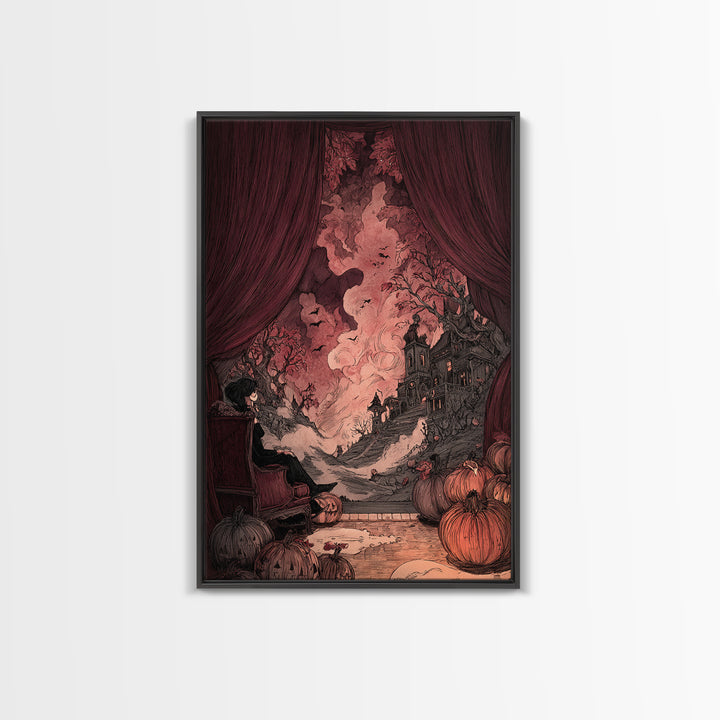 The Velvet Vampire Conservatory - Environmental Panorama, Macabre Halloween Art, Vertical Wall Art, Framed Canvas Print, Gothic Wall Art