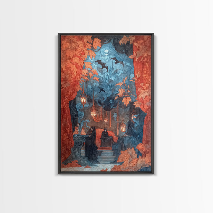 The Velvet Vampire Conservatory - Procession Scene, Occult Wall Decor, Vertical Wall Art, Canvas Print, Halloween Home Decor