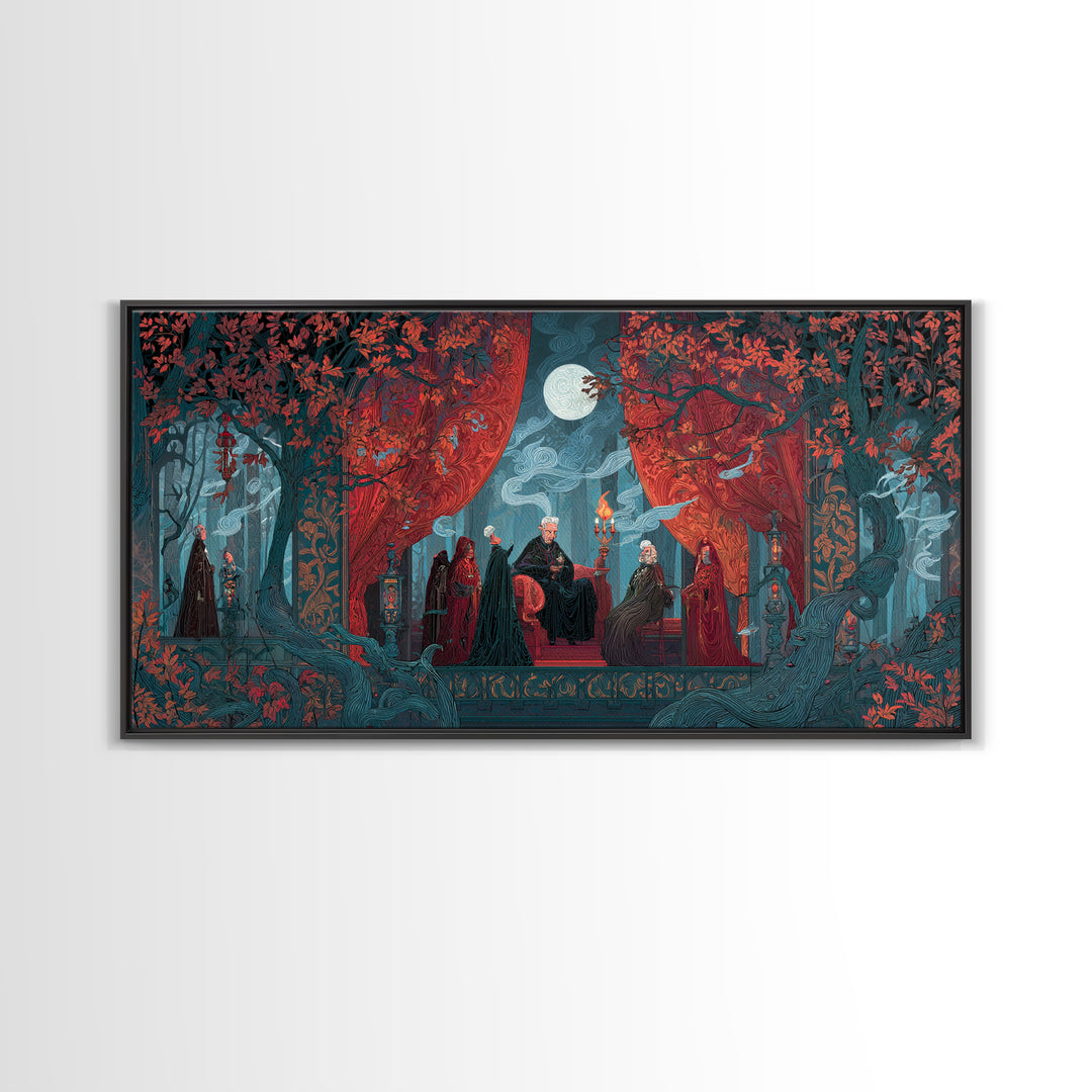 The Velvet Vampire Conservatory - Procession Scene, Gothic Home Decor, Wide Panoramic Art, Canvas Print, Halloween Home Decor