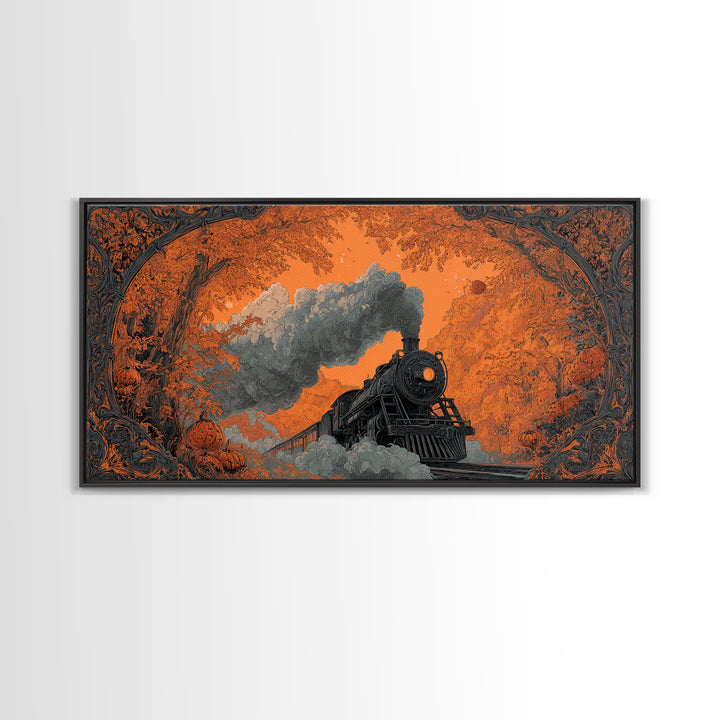 The Phantom Train Of October - Icon Portrait, Spooky Wall Decor, Wide Panoramic Art, Framed Canvas Print, Halloween Home Decor