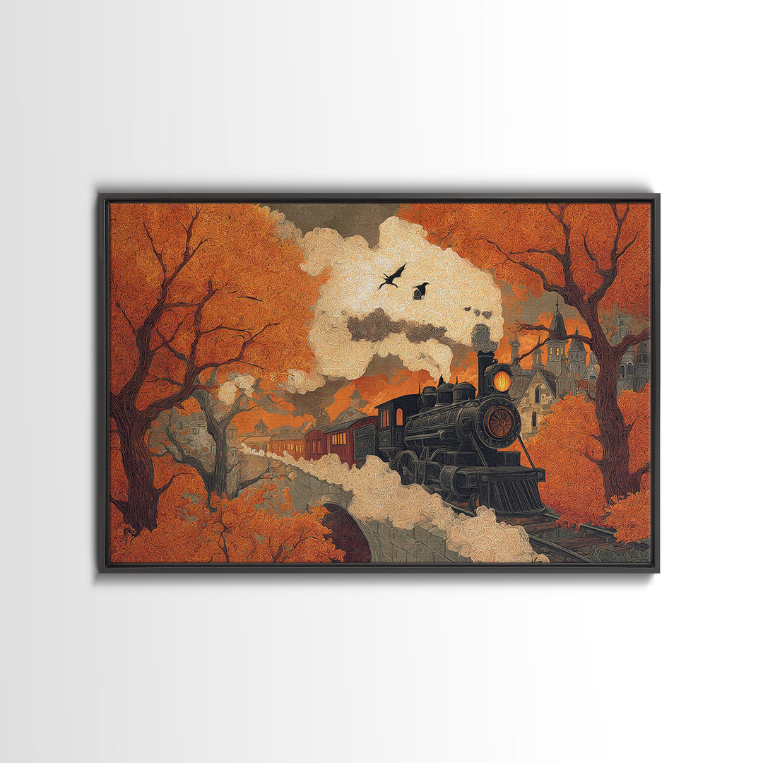 The Phantom Train Of October - Environmental Panorama, Halloween Wall Art, Landscape Wall Art, Framed Canvas Print, Halloween Home Decor