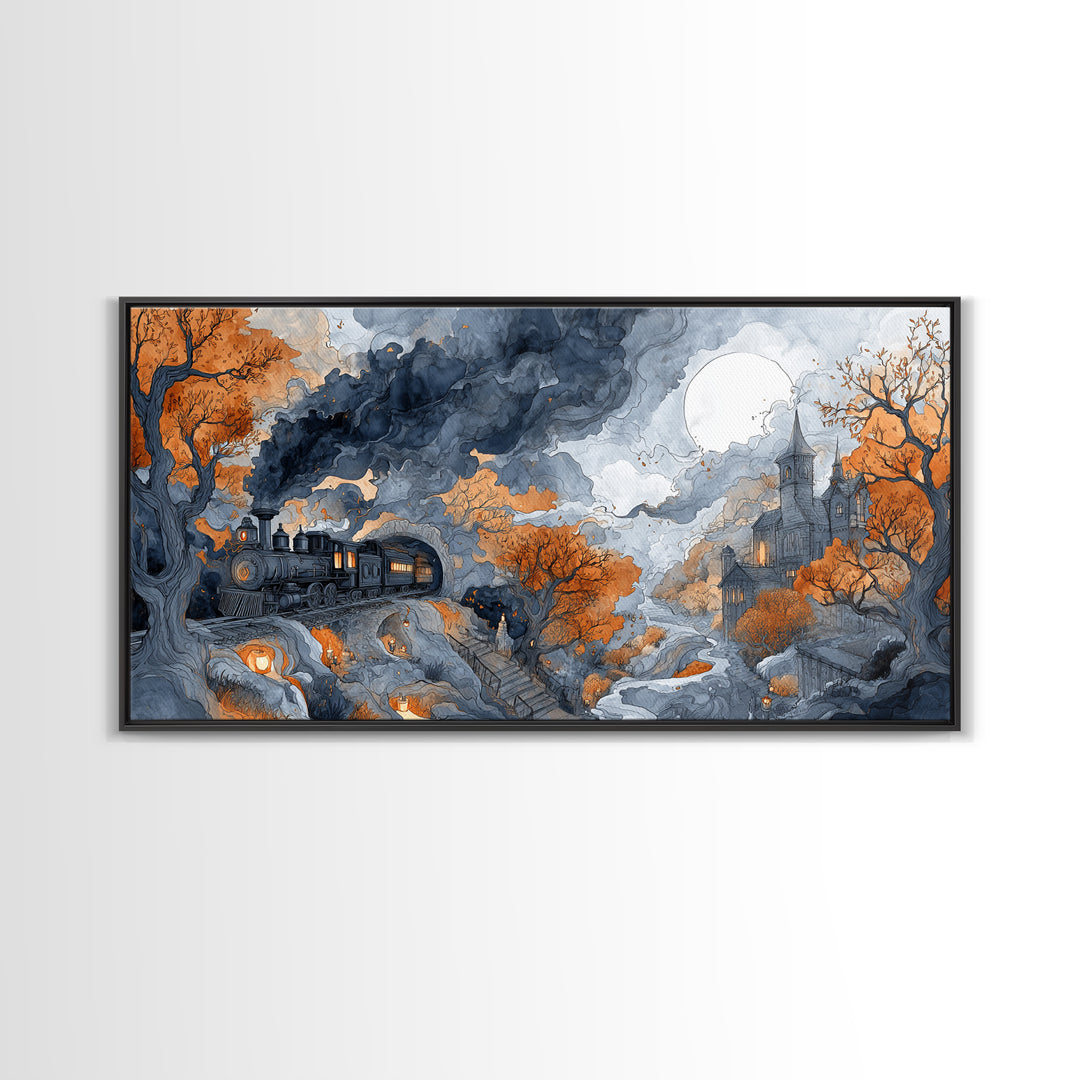 The Phantom Train Of October - Environmental Panorama, Dark Fantasy Wall Art, Wide Panoramic Art, Canvas Print, Halloween Home Decor