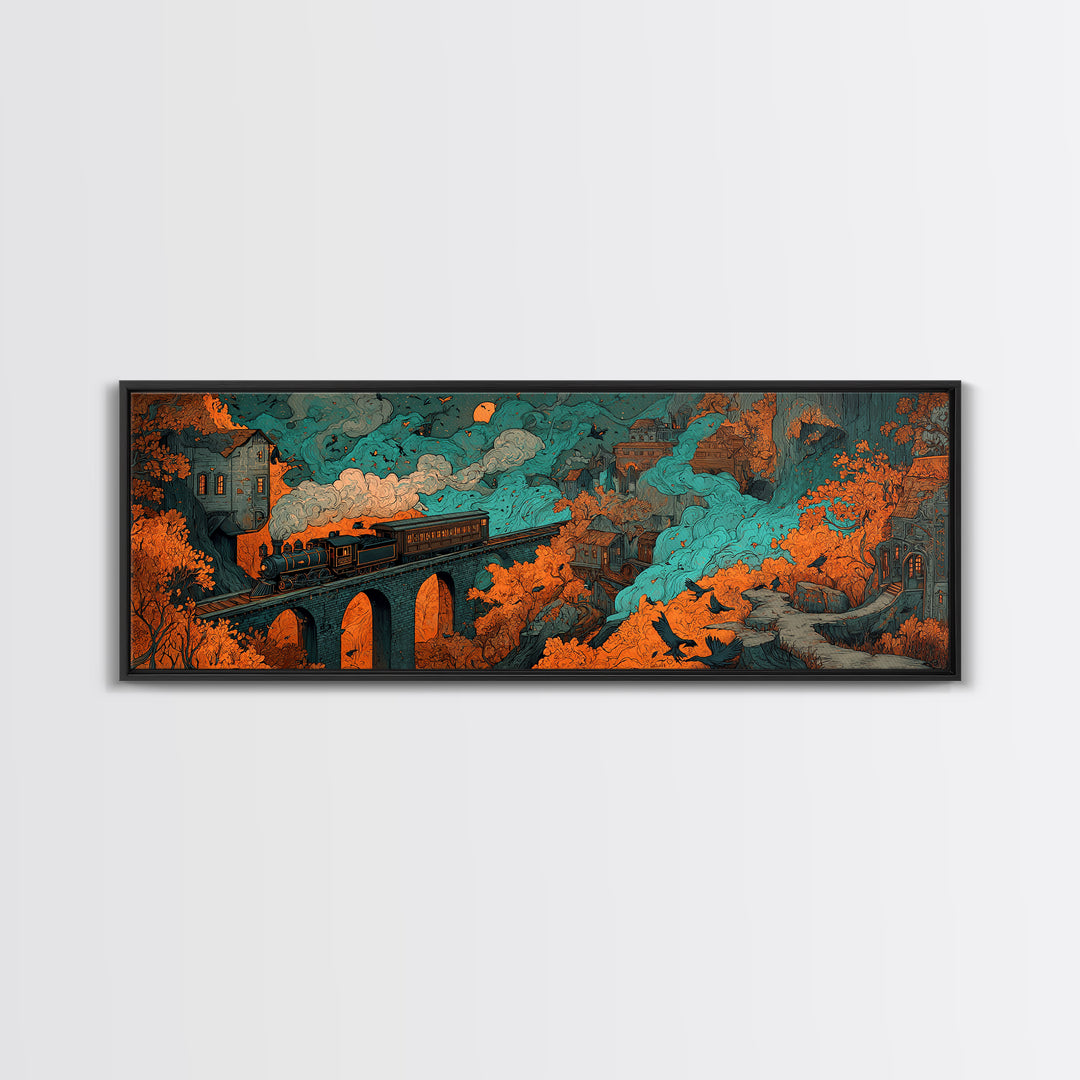 The Phantom Train Of October - Environmental Panorama, Spooky Wall Decor, Extra Wide Wall Art, Framed Canvas Print, Halloween Home Decor