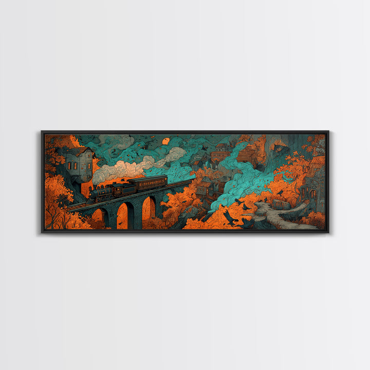 The Phantom Train Of October - Environmental Panorama, Spooky Wall Decor, Extra Wide Wall Art, Framed Canvas Print, Halloween Home Decor