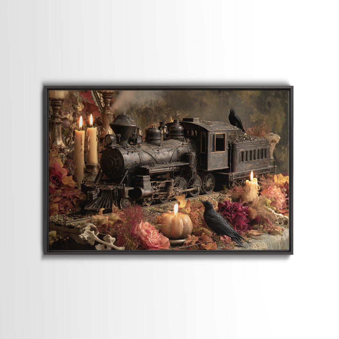 The Phantom Train Of October - Occult Still Life, Macabre Halloween Art, Landscape Wall Art, Framed Canvas Print, Halloween Home Decor
