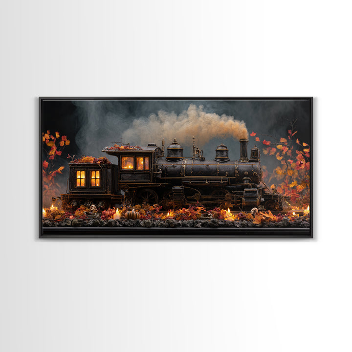 The Phantom Train Of October - Occult Still Life, Macabre Halloween Art, Wide Panoramic Art, Framed Canvas Print, Halloween Home Decor