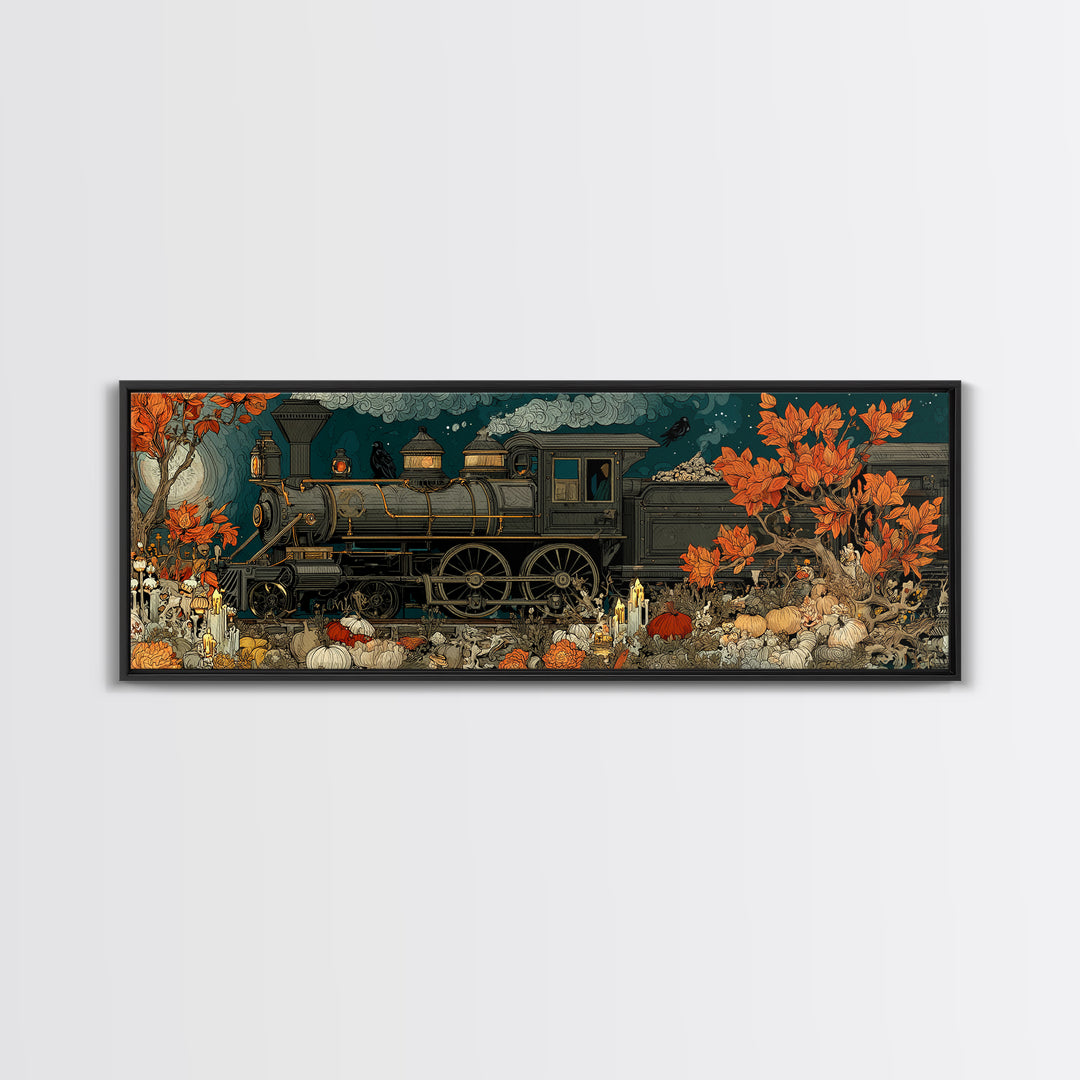 The Phantom Train Of October - Occult Still Life, Macabre Halloween Art, Extra Wide Wall Art, Framed Canvas Print, Halloween Home Decor