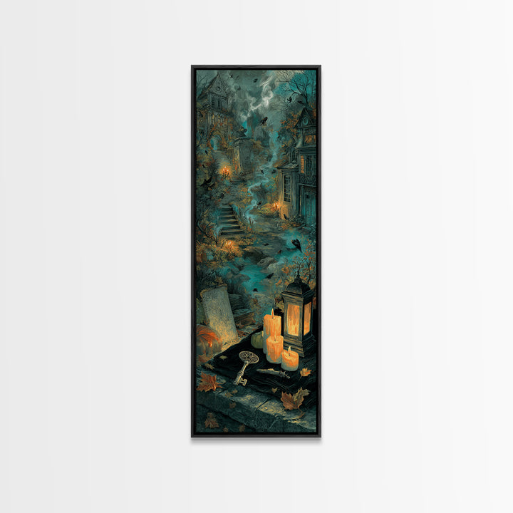 The Bone Key Still Life - Environmental Panorama, Spooky Wall Decor, Tall Narrow Wall Art, Framed Canvas Print, Halloween Home Decor