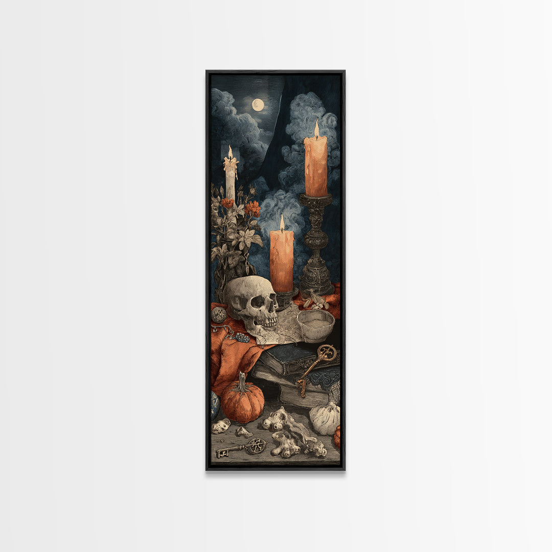 The Bone Key Still Life - Occult Still Life, Spooky Wall Decor, Tall Narrow Wall Art, Framed Canvas Print, Halloween Home Decor
