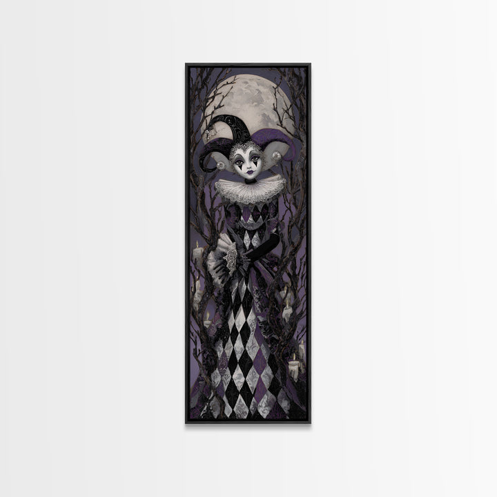 The Haunted Harlequin Doll - Icon Portrait, Halloween Wall Art, Tall Narrow Wall Art, Framed Canvas Print, Halloween Home Decor
