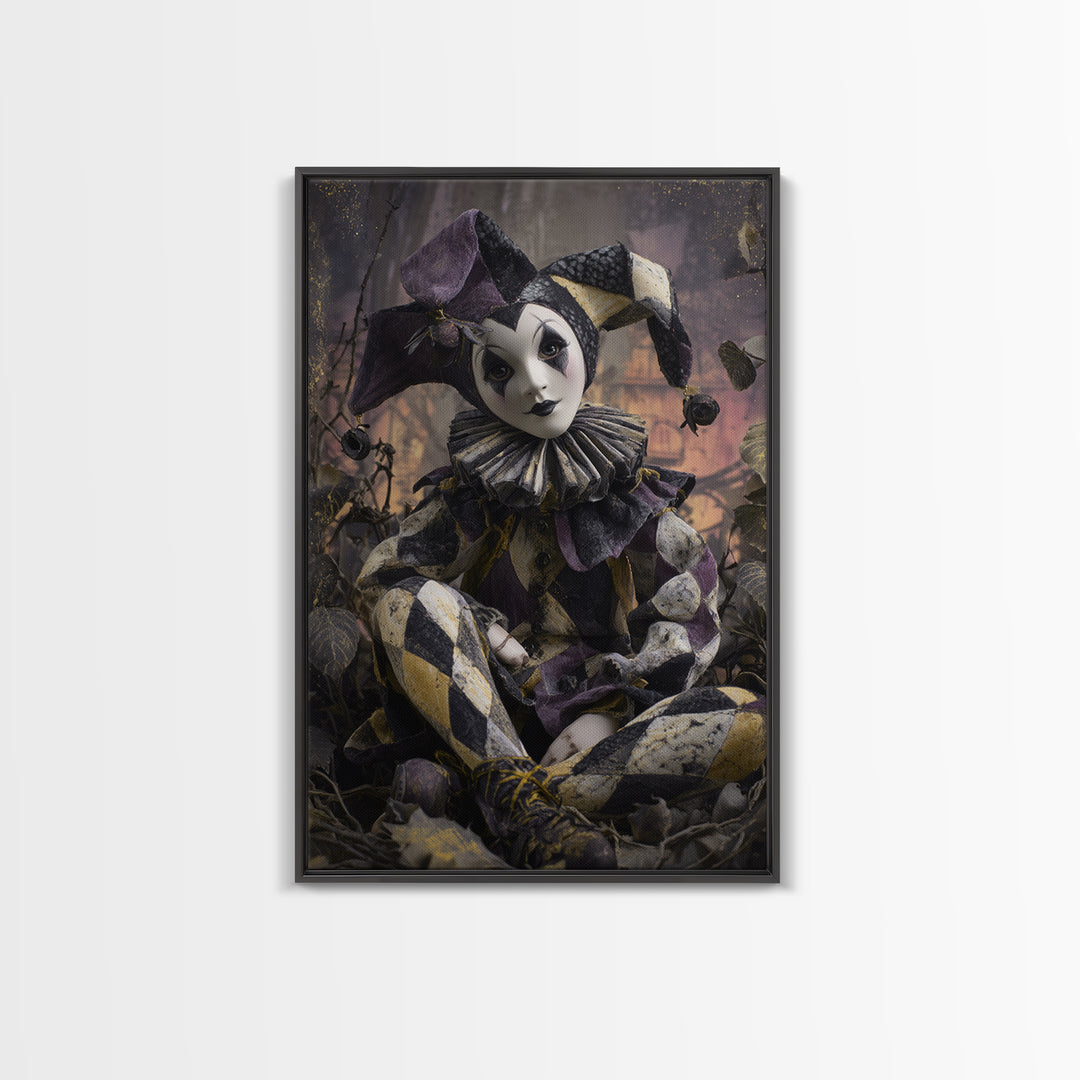 The Haunted Harlequin Doll - Environmental Panorama, Macabre Halloween Art, Vertical Wall Art, Framed Canvas Print, Halloween Home Decor