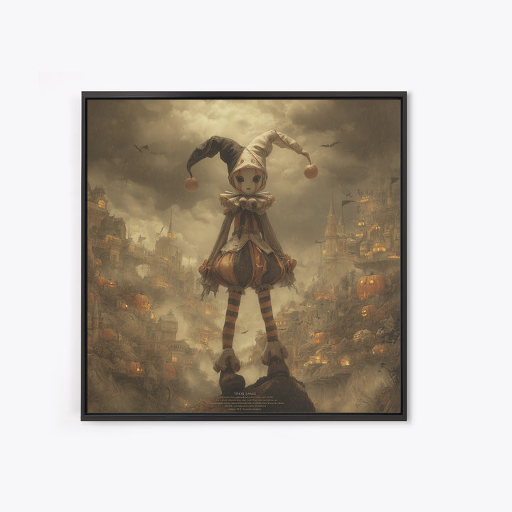 The Haunted Harlequin Doll - Environmental Panorama, Spooky Wall Decor, Square Wall Art, Framed Canvas Print, Halloween Home Decor