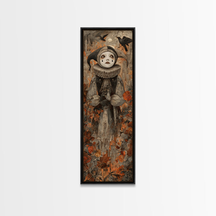 The Haunted Harlequin Doll - Environmental Panorama, Halloween Wall Art, Tall Narrow Wall Art, Framed Canvas Print, Halloween Home Decor