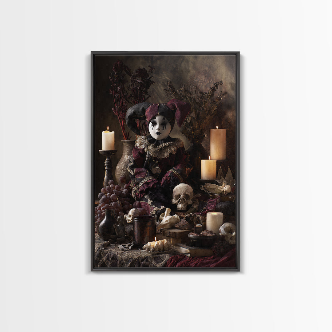 The Haunted Harlequin Doll - Occult Still Life, Halloween Wall Art, Vertical Wall Art, Framed Canvas Print, Halloween Home Decor