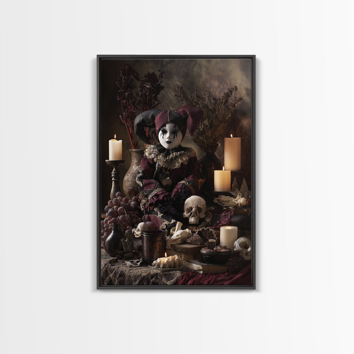 The Haunted Harlequin Doll - Occult Still Life, Halloween Wall Art, Vertical Wall Art, Framed Canvas Print, Halloween Home Decor