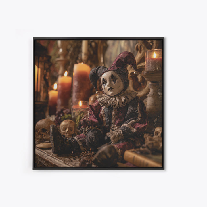 The Haunted Harlequin Doll - Occult Still Life, Spooky Wall Decor, Square Wall Art, Framed Canvas Print, Halloween Home Decor