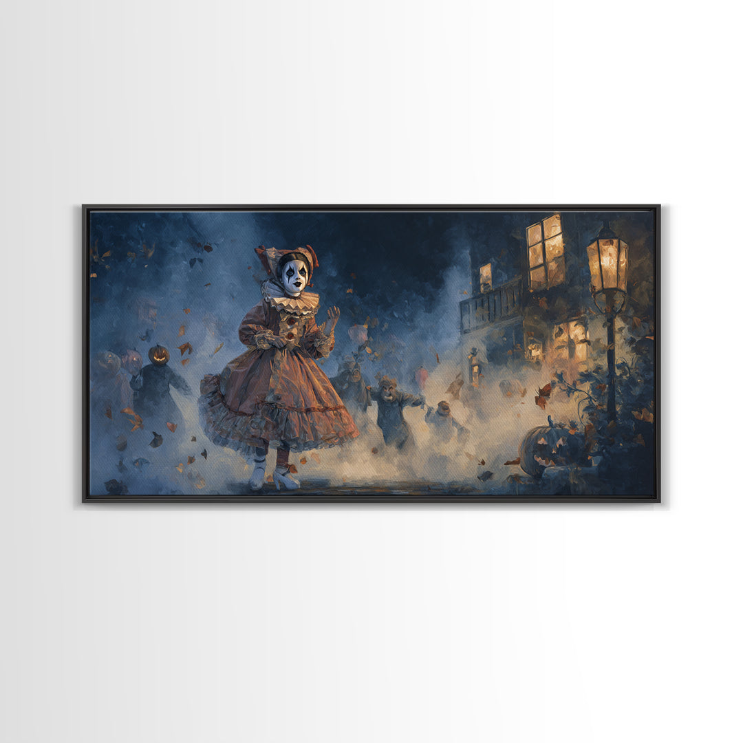 The Haunted Harlequin Doll - Procession Scene, Dark Fantasy Wall Art, Wide Panoramic Art, Canvas Print, Halloween Home Decor
