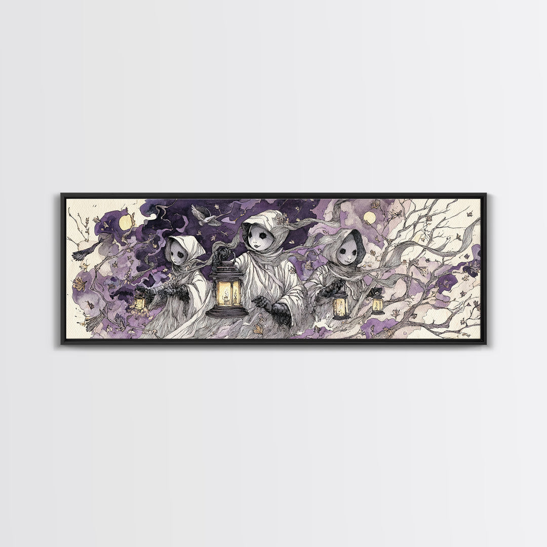 The Haunted Harlequin Doll - Procession Scene, Occult Wall Decor, Extra Wide Wall Art, Canvas Print, Halloween Home Decor, Gothic Wall Art