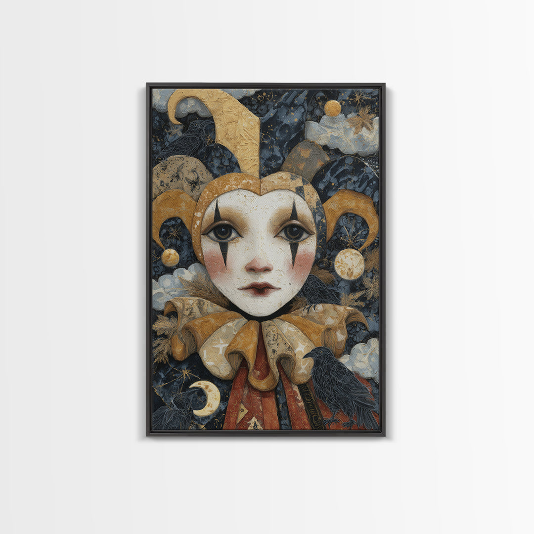 The Haunted Harlequin Doll - Surreal Celestial Vision, Dark Fantasy Wall Art, Vertical Wall Art, Canvas Print, Halloween Home Decor