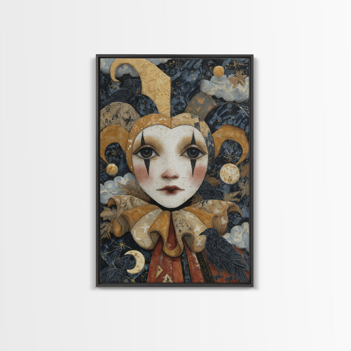 The Haunted Harlequin Doll - Surreal Celestial Vision, Dark Fantasy Wall Art, Vertical Wall Art, Canvas Print, Halloween Home Decor