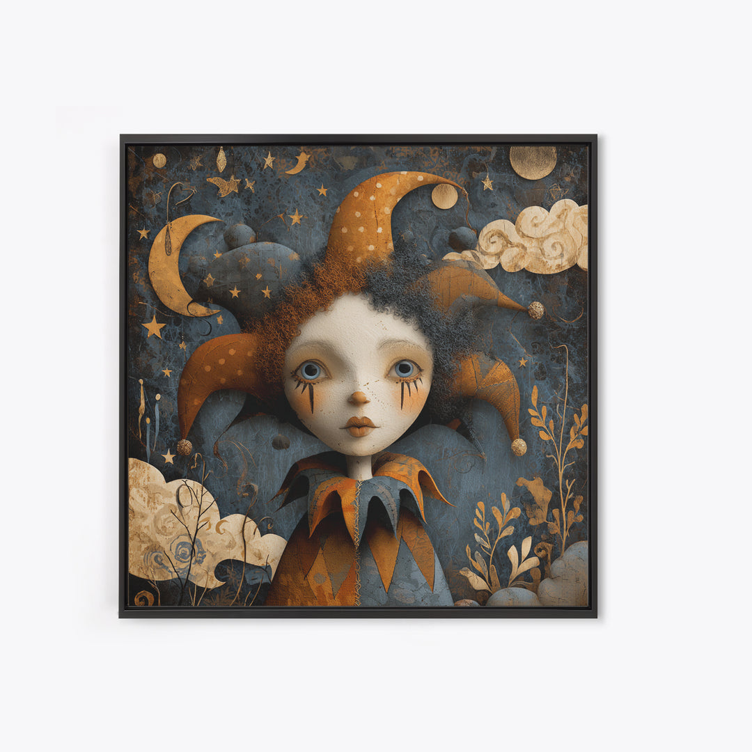 The Haunted Harlequin Doll - Surreal Celestial Vision, Halloween Wall Art, Square Wall Art, Framed Canvas Print, Halloween Home Decor
