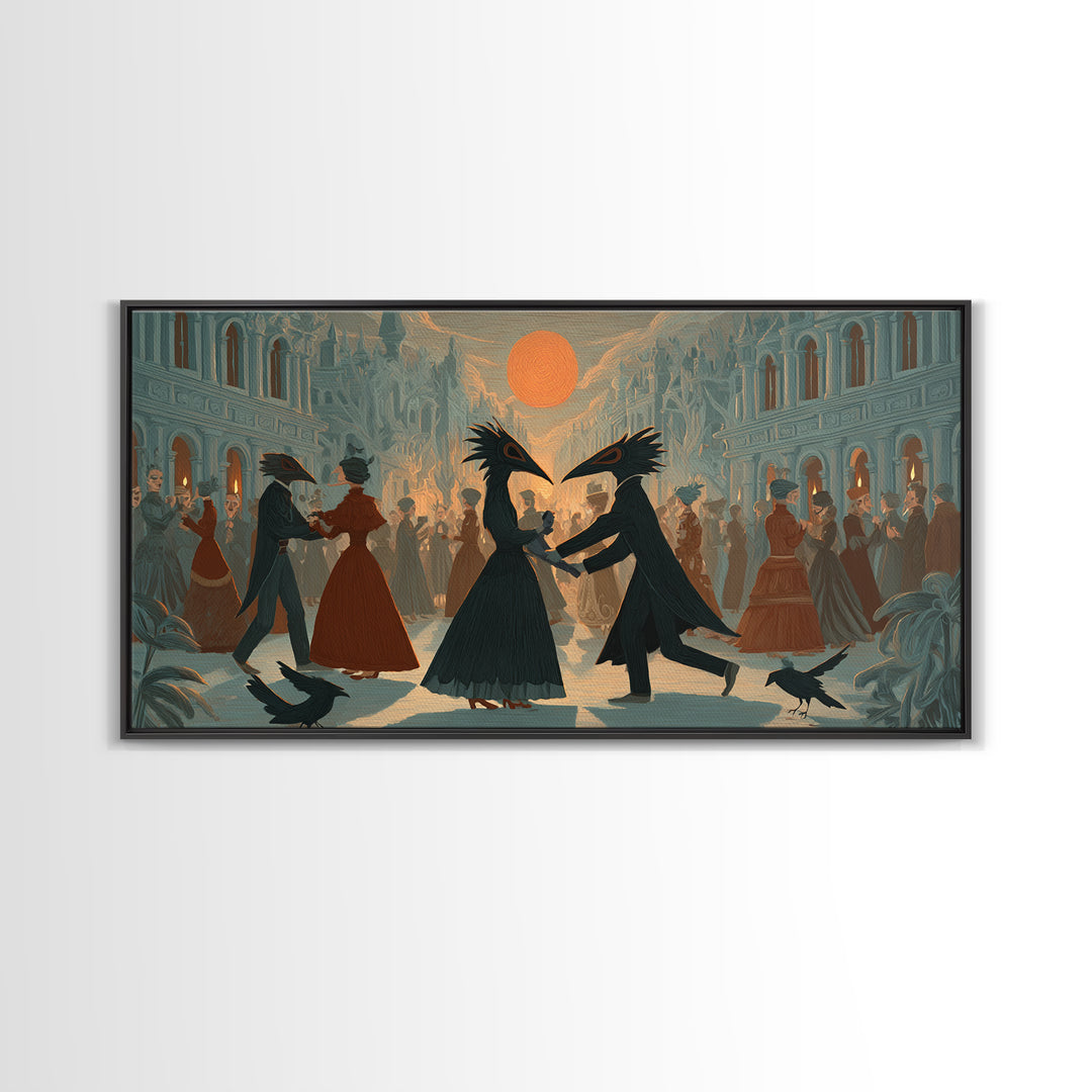 The Raven-Masked Ballroom - Environmental Panorama, Macabre Halloween Art, Wide Panoramic Art, Framed Canvas Print, Halloween Home Decor