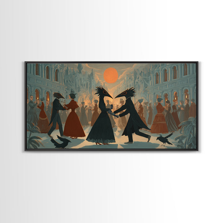 The Raven-Masked Ballroom - Environmental Panorama, Macabre Halloween Art, Wide Panoramic Art, Framed Canvas Print, Halloween Home Decor