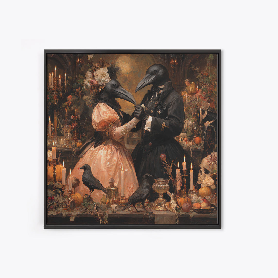 The Raven-Masked Ballroom - Occult Still Life, Spooky Wall Decor, Square Wall Art, Framed Canvas Print, Halloween Home Decor