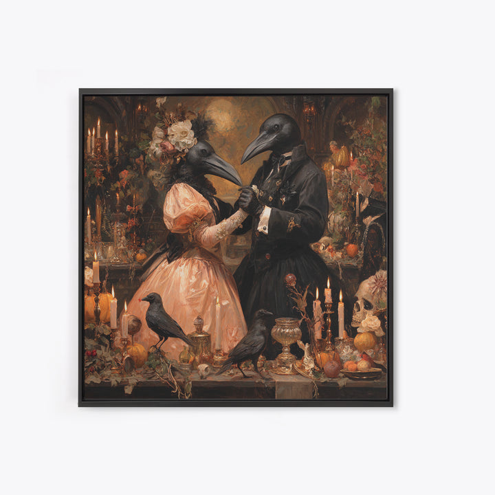The Raven-Masked Ballroom - Occult Still Life, Spooky Wall Decor, Square Wall Art, Framed Canvas Print, Halloween Home Decor